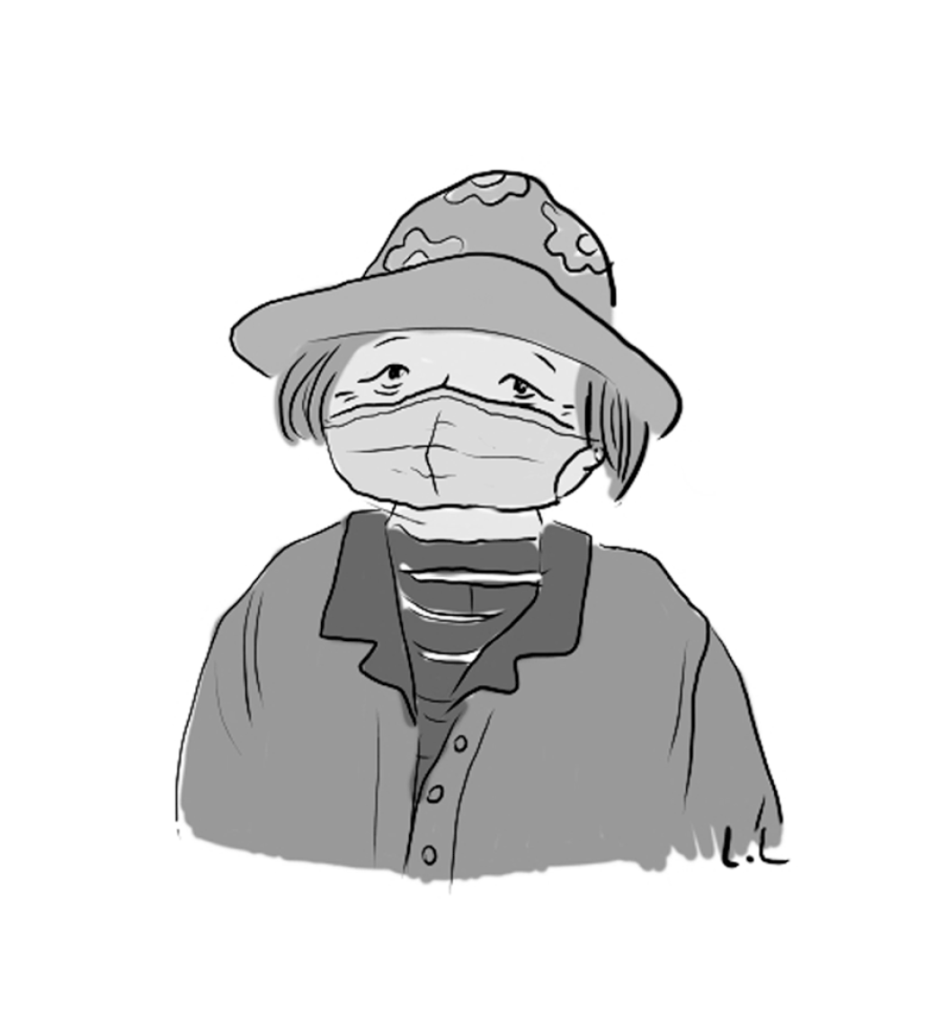 A black and white illustration of an elderly Asian woman wearing a hat and a face mask to protect from repsiratory disease.