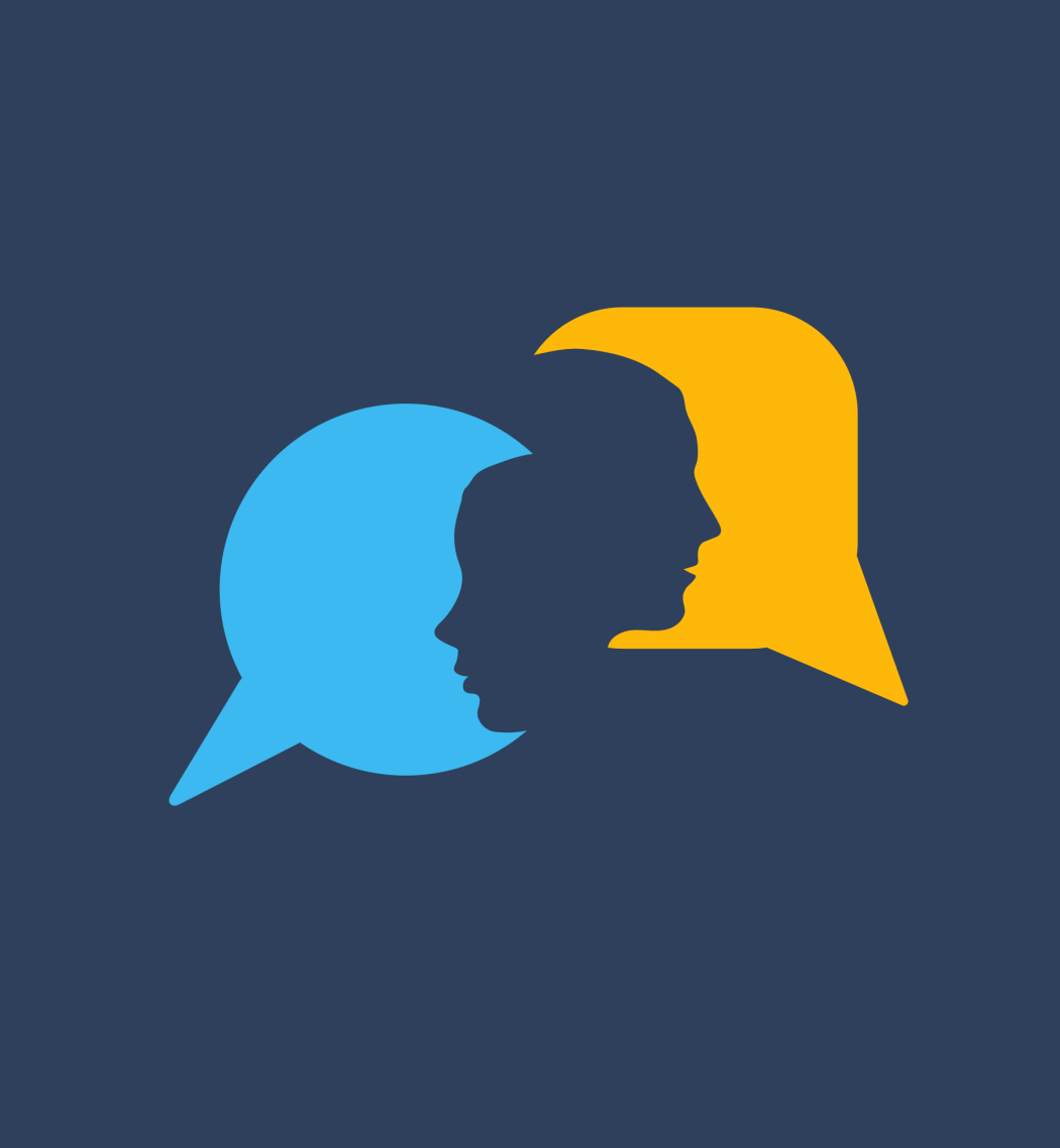 An illustration of a silhouette of a man and woman head with speech bubbles, indicating different thoughts and words amongst people.