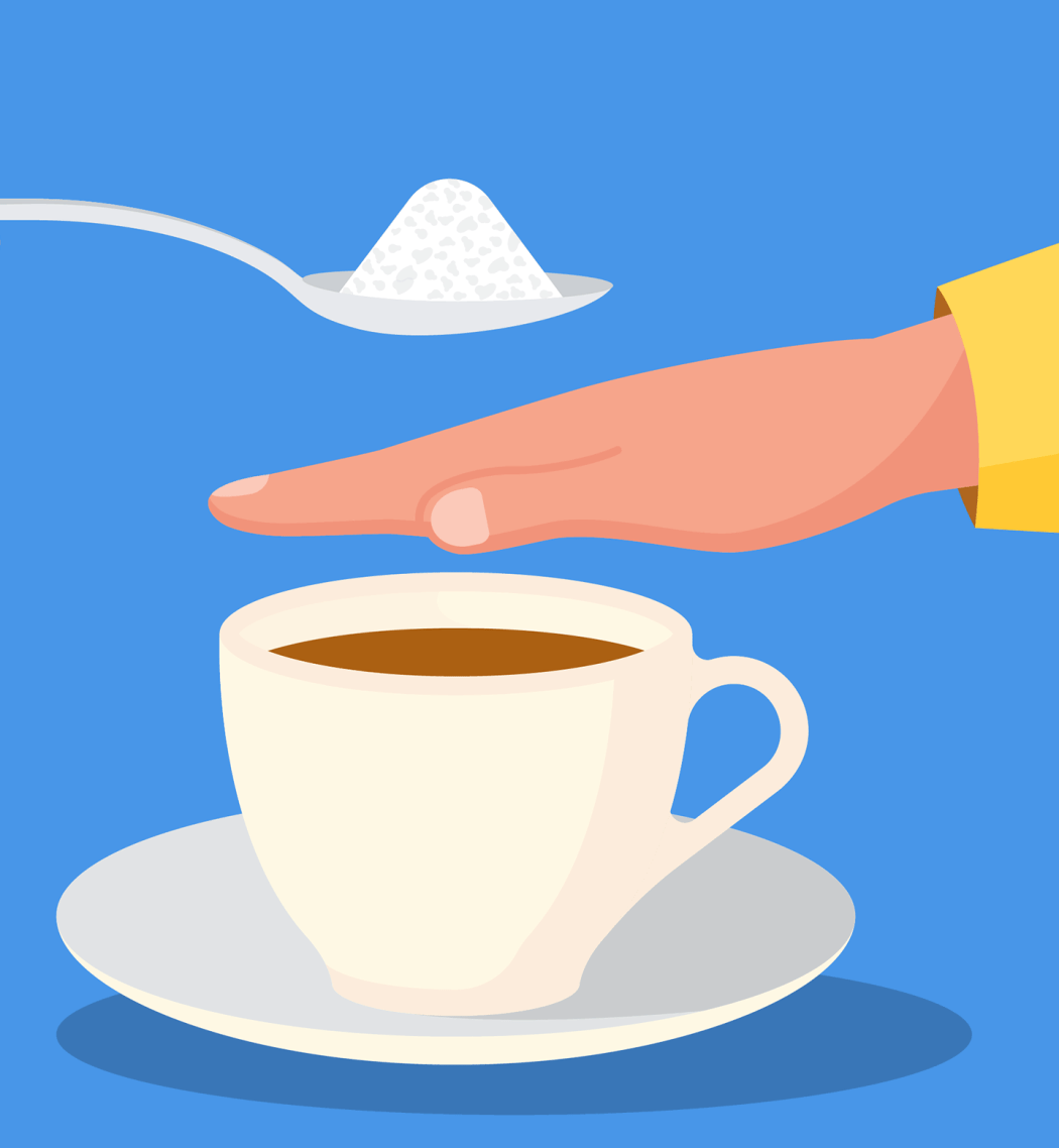 A graphic illustration of a hand blocking a spoonful of sugar from a cup of coffee.