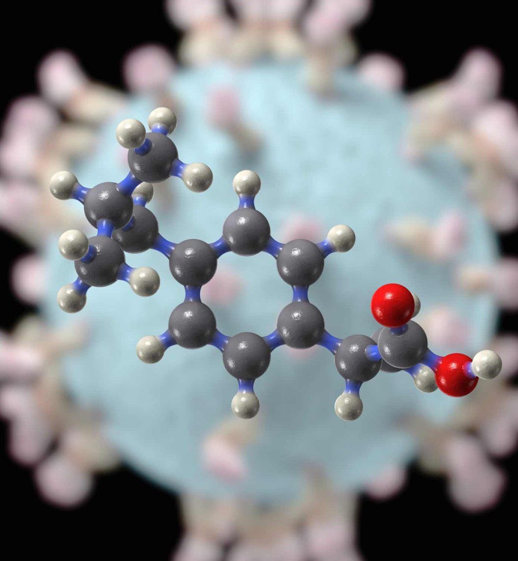 A 3D conceptual rendering of an ibuprofen molecule.