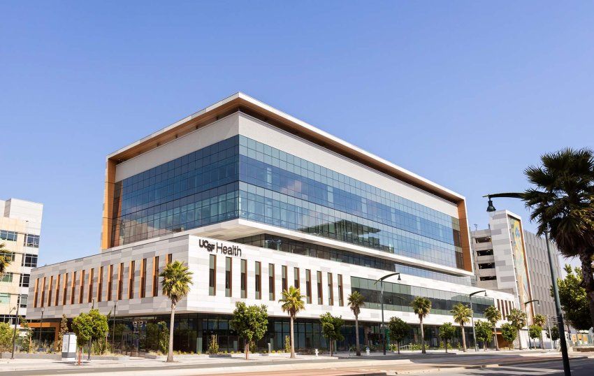 A sweeping shot of the Bayfront Medical Building lined by palm trees.